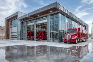 Government steel building fire station with fire trucks parked in large high-clearance bays