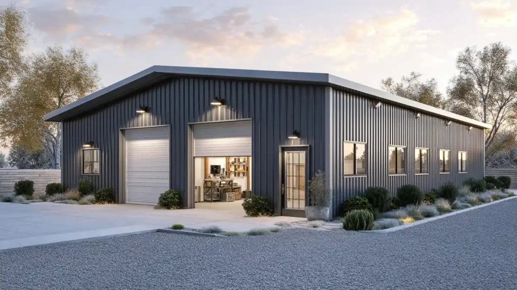 Exterior of a custom metal workshop building